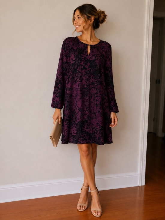 Kaffe Dresses & Skirts - Long-Sleeve Plum Floral A-Line Dress with Keyhole Neck